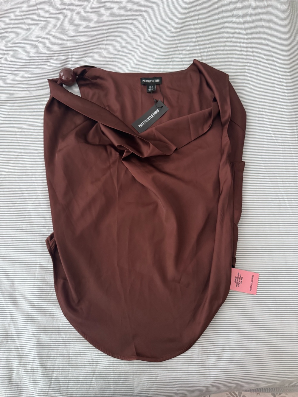 PrettyLittleThing Brown Satin Cowl Neck Top